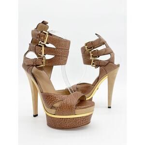 Gucci Iman 2009 Runway Embossed Leather Platform Ankle Strap Sandals IT 37.5